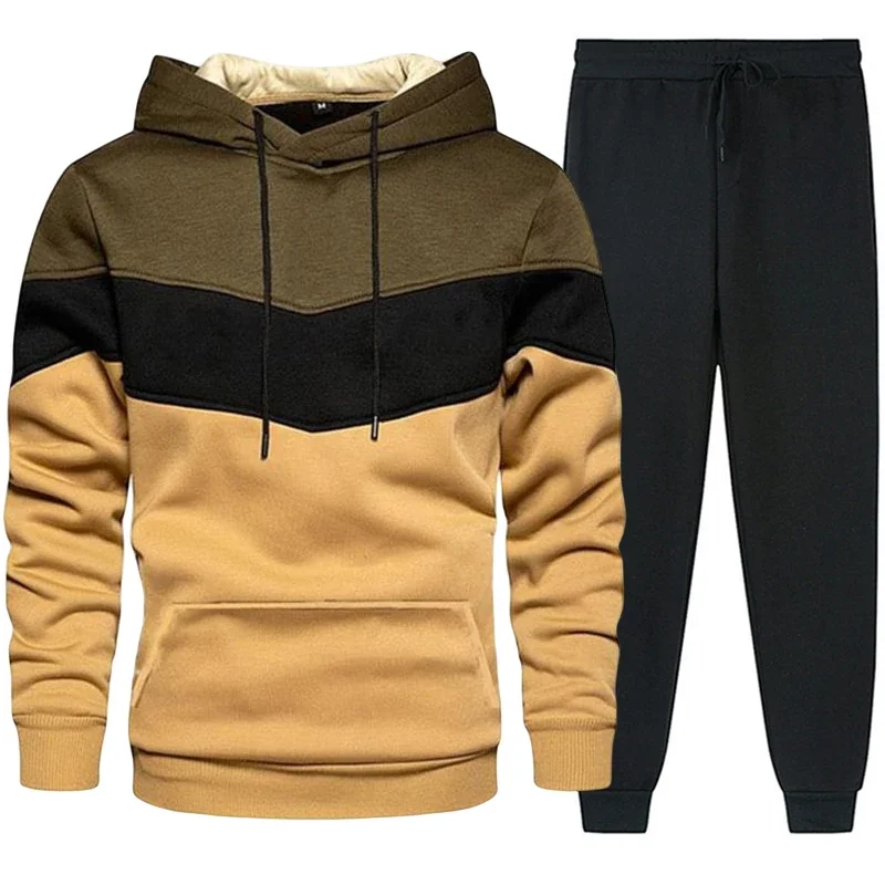 

Mens Tracksuit Daily Casual Tricolor Hooded Sweatshirts+Black Pants Set High Quality Versatile Jogging Sports Outfits Clothing