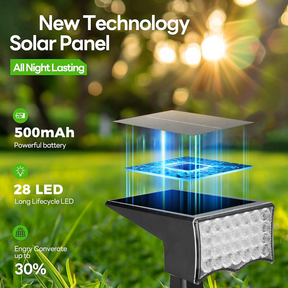 2 قطعة مصابيح كاشفة تعمل بالطاقة الشمسية مقاومة للماء في الهواء الطلق، 28 LED، 120 °   رأس إضاءة قابل للتعديل، أضواء المناظر الطبيعية 2 في 1، لحديقة ساحة الممشى