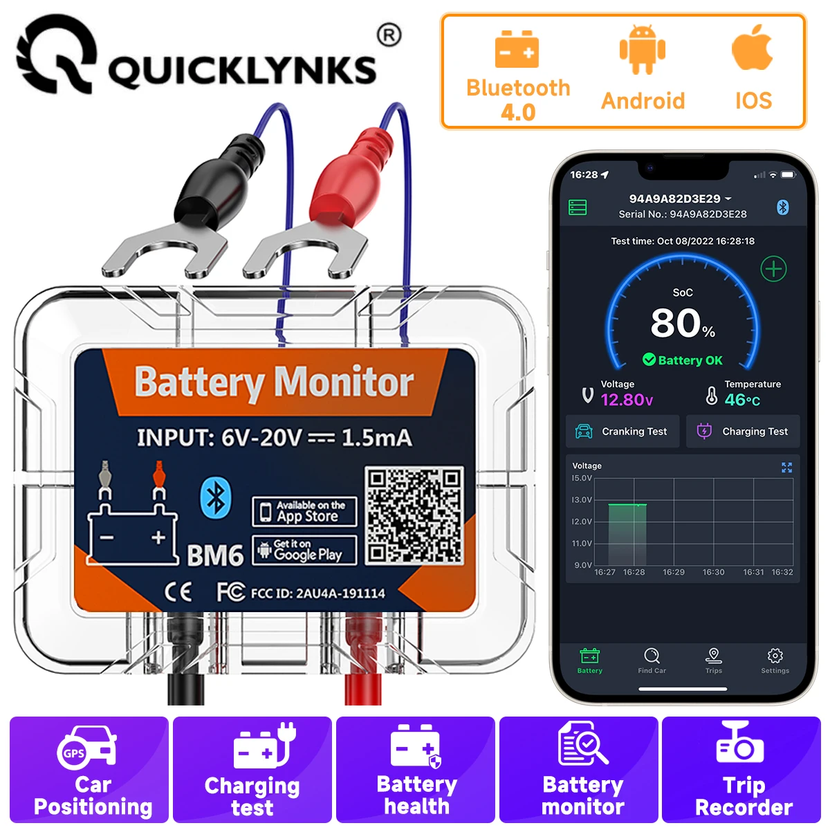 

QUICKLYNKS BM6 Bluetooth 4.0 Car Battery Monitor 12V Battery Tester Charging Cranking Test Battery Analyzer APP for Android IOS