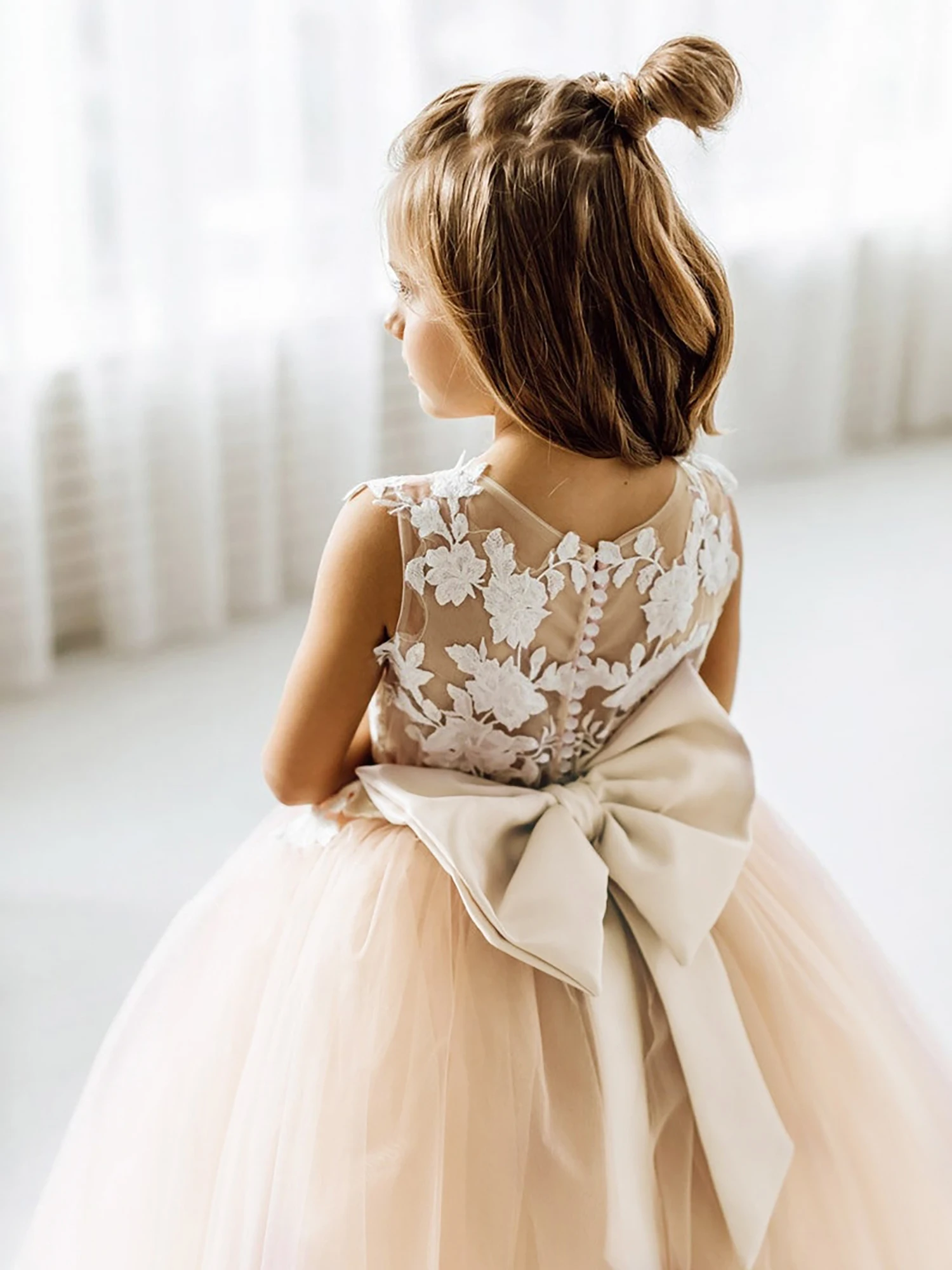 Precioso vestido de baile de encaje Para chico, Vestidos de flores Para niña, pajarita personalizada en la espalda, Vestidos de princesa de tul Para Niñas, vestido de fiesta Para boda