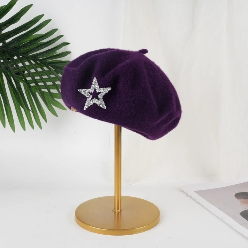 Streetwear Five-Pointed Star Wool Beret Solid Color Soft Knitted Painter Hat Rhinestone Decor Warm Beanie Cap Autumn
