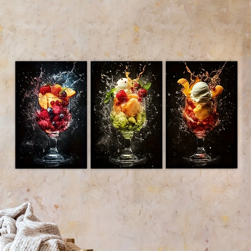 (No frame)3pcs, Canvas painting--Unframed, fruit splashing in glass, Artist Drawing Set, living room, office, library, bar, c