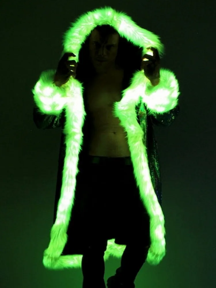 معطف فرو صناعي للرجال مقاس كبير ملابس إلكترونية LED ترتر للرجال ملابس طويلة بقلنسوة ملابس المهرجانات ملابس الحفلات