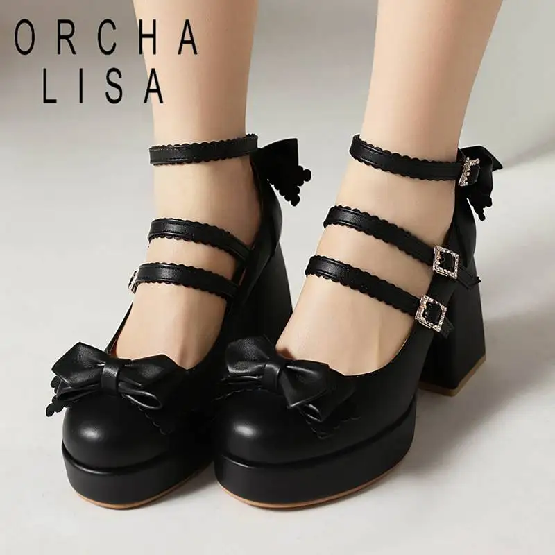 

ORCHA LISA Mary Jane Shoes For Women Round Toe Chunky Heel 9cm Platform Buckle Strap Bow Sweet Dating Pumps Big Size 44 45 46