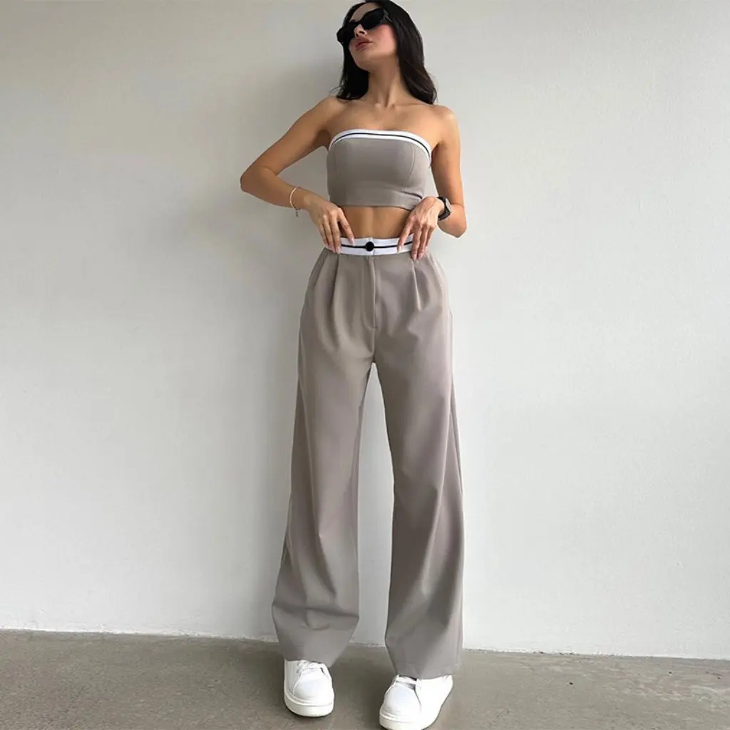 

Women's Casual Suit Spice Girl Style High Waist Wide Leg Trousers And Sports Vest Tube Top Color Contrast Outer Wear