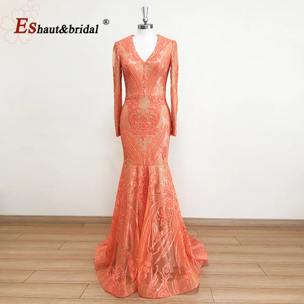 Elegante vestido de fiesta de sirena con lentejuelas para mujer, manga larga, cuello en V, negro, Formal, para boda y noche, 2022