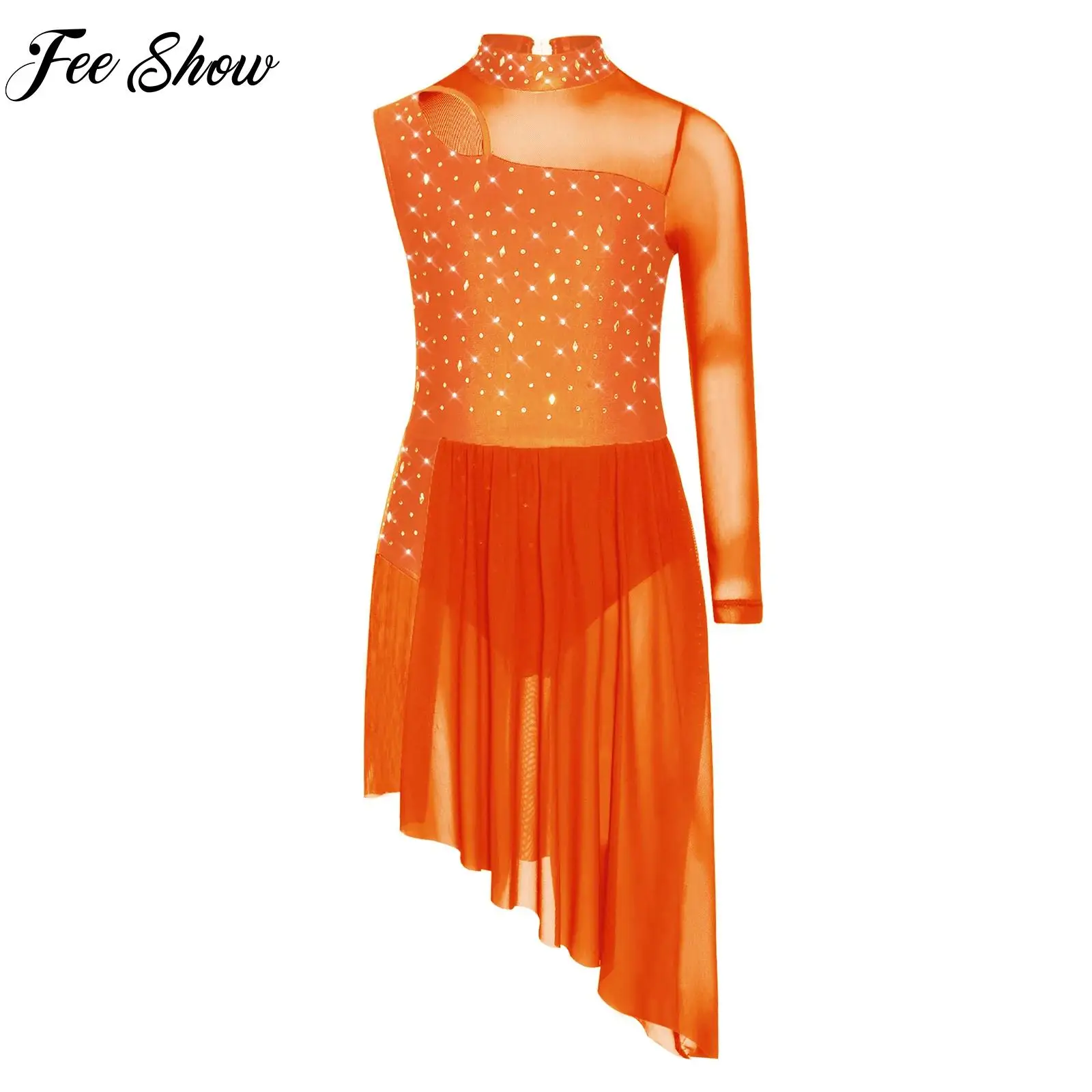 

Kids Girls Rhythmic Gymnastics Figure Skating Lyrical Modern Dance Costume Glittery Rhinestones Mesh Side Split Dress Dancewear