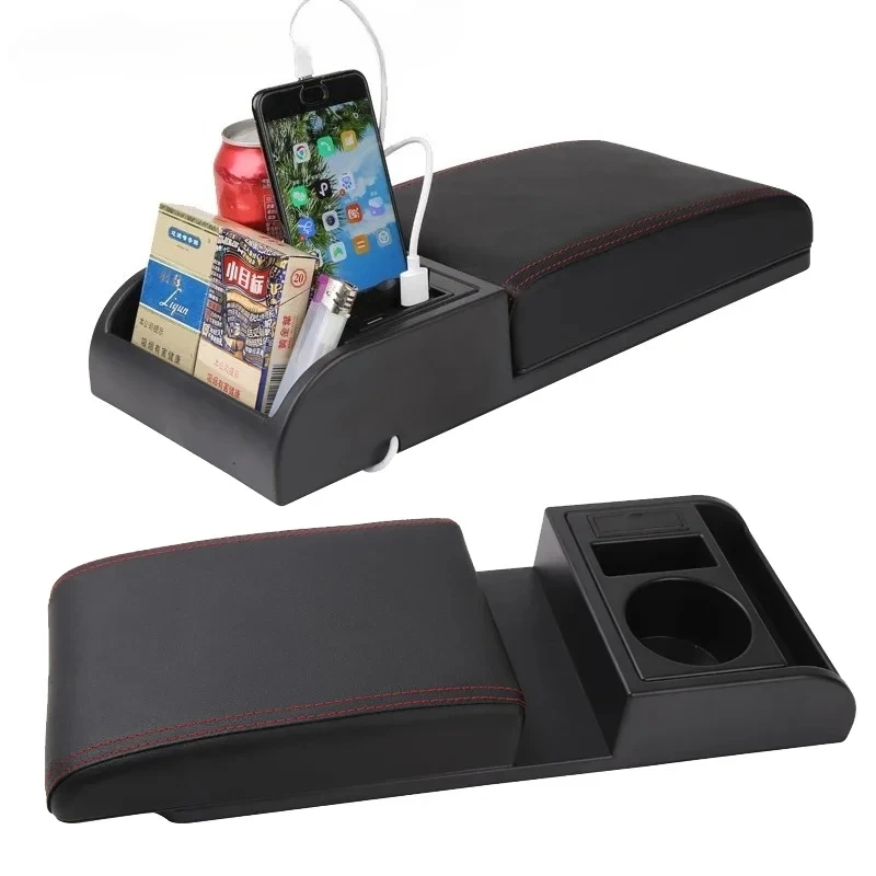

Car Armrest Box Pad Adjustable Length Soft Elbow Support Cushion Universal Arm Rest with USB Charging Ports Cup Holder