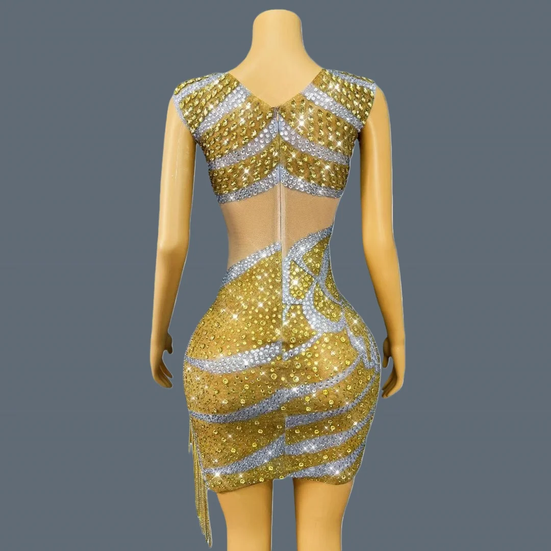 Sparkly Crystals Golden Chains Cocktail Dress Sexy Women Luxury Evening Dress Sheer Mesh Dance Show Short Dresses Huangjindie