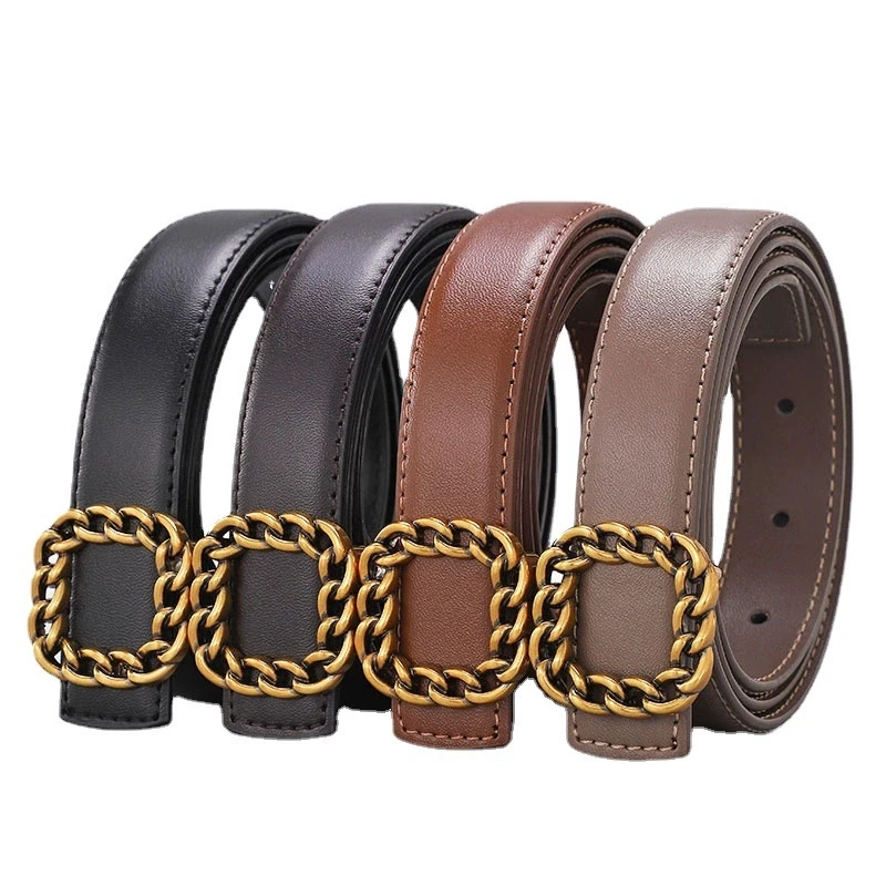 Ladies' Vintage Square Buckle Leather Belt; Versatile Dress Belt for Women; Vintage Distressed Look for Women's Suits