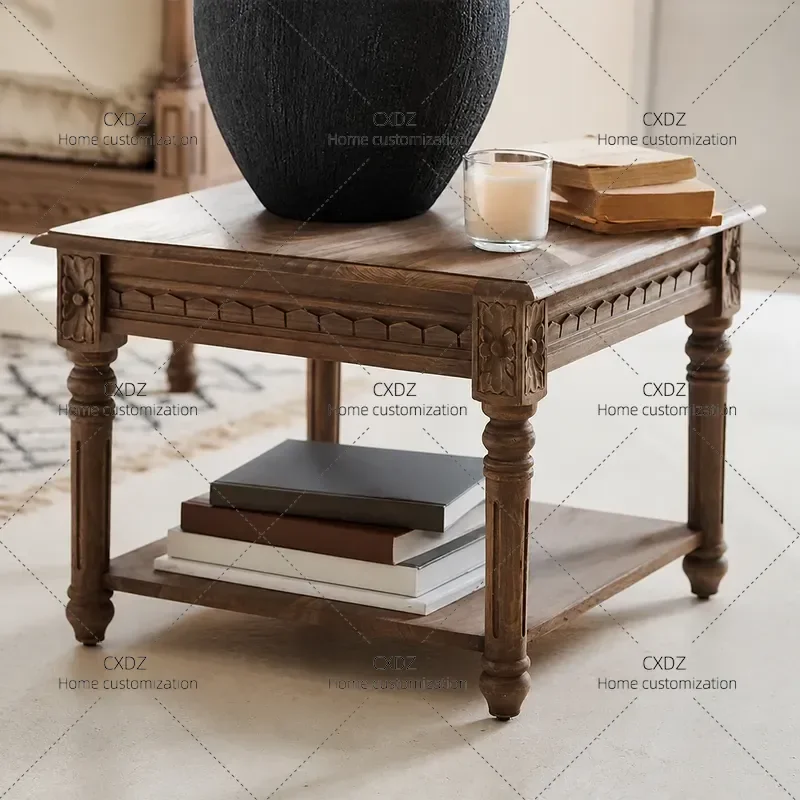 White Oak Solid Wood Coffee Table Retro Square Large Tea Table Hand Carved Living Room Home Furniture Light Luxury Style