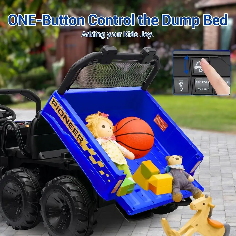 24V 2 Seater 6 Wheel Dump Truck Ride on Car for Big Kids 3-8 with Remote, Max 7MPH, 4WD Kids Electric Car Toy w/Electric ,Blue