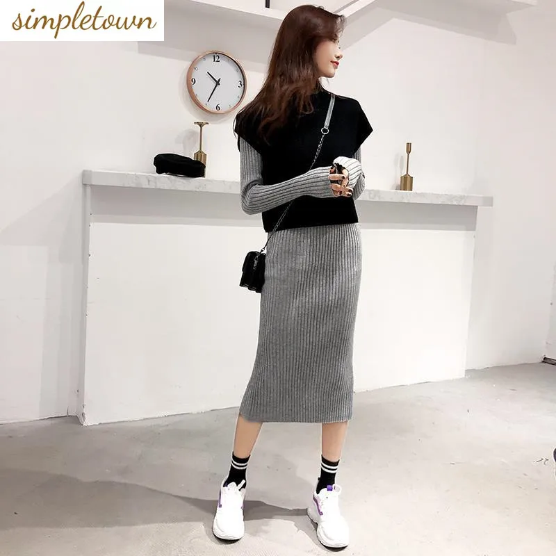 Autumn and Winter Fashion Women's Set New Korean Style Knitted Sweater Tank Top Aging Dress Elegant Women's Two Piece Set