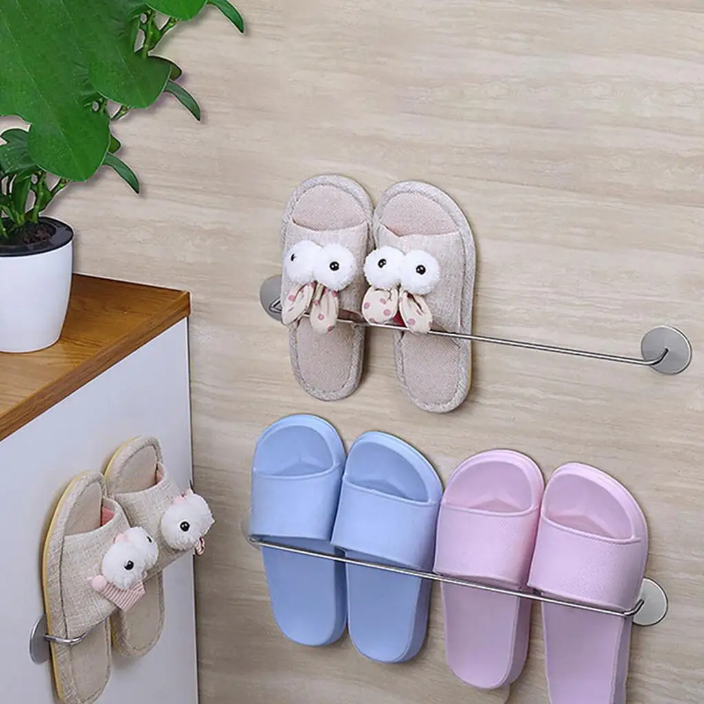 Wall Mount Shoe Rack Stainless Steel Punch Free Hanging Slippers Holder for Bathroom Door Kitchen Space Saving Organizer