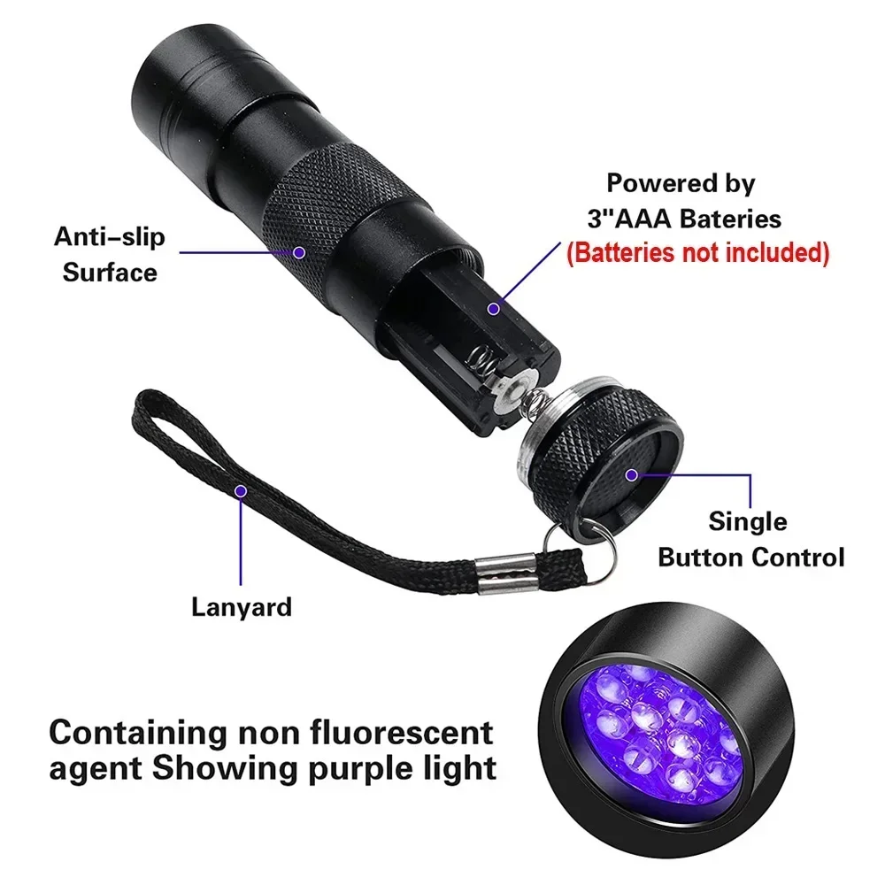 9/12 LED Protable UV Flashlight Black Light 395 NM Ultraviolet Torch Blacklight Detector for Dog Urine Pet Stain and Bed Bug