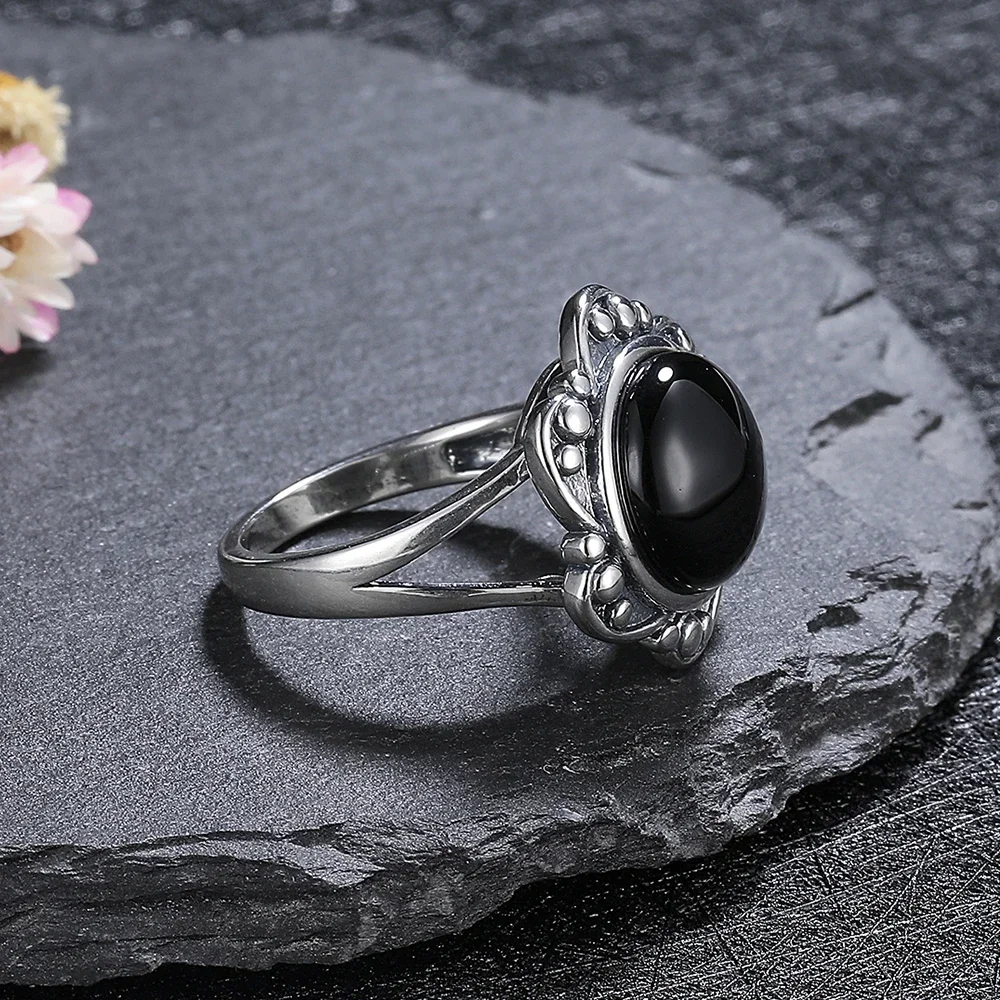 

Vintage Black Onyx Silver Ring Boho Retro Women Men's Jewelry Party Gift Silver Plated Rings for Daily Wear Wholesale