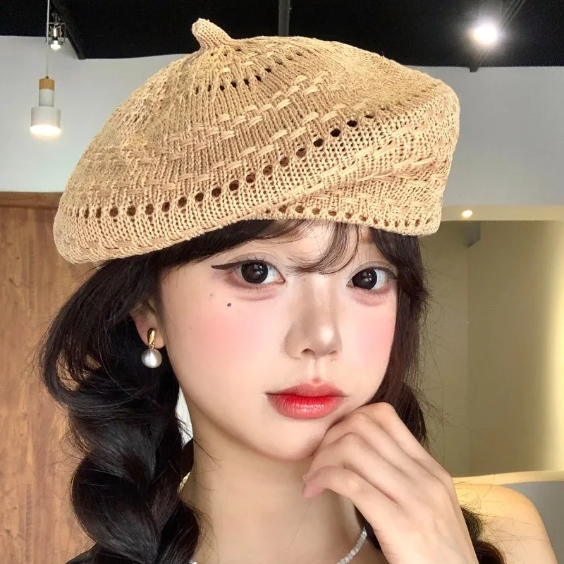 Simple Knitted Hollow Beret Spring and Summer Thin Breathable Fashionable Literary and Versatile Newsboy Painter Hat for Women