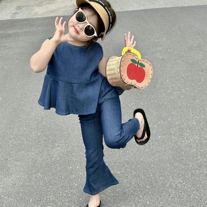 

Summer Baby Girls Cotton Plain Single-Breasted Denim Shirt Tops+Slim Fit Flared Pant Sets Kids 2PCS Suits Children Outfit 2-8 Yr