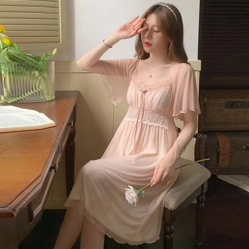 

Summer Women's Short-sleeved Summer Pajamas Sexy Lace Nightdress Princess Style Loungewear Cute Sleepwear