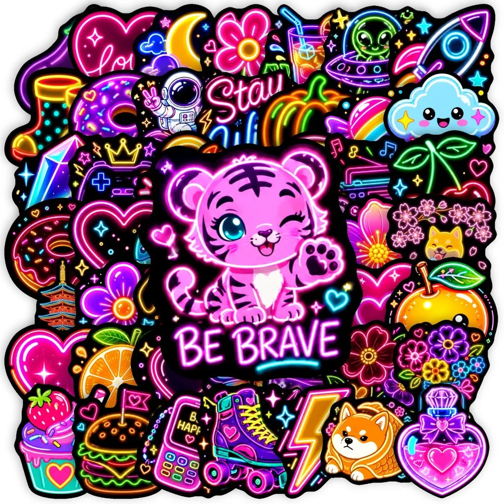 Neon Glow Lamp Pattern Sticker Pack 50 Sheets Vibrant Cartoon Waterproof Sticker for Water Bottle Scrapbook Giajar Sticker Store