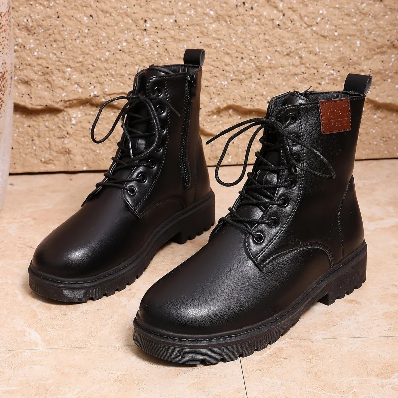 أحذية عمل كلاسيكية مكتنزة للنساء، أحذية كاحل جلدية ناعمة برباط أسود، أحذية لراكبي الدراجات النارية متعددة الاستخدامات لخريف وشتاء تطول الساقين #4