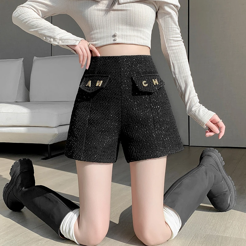 2023 Autumn/Winter Small Fragrance Style Button Show Thin Thick Woolen Sequins Wide Leg Trousers, Boots, Shorts, Female