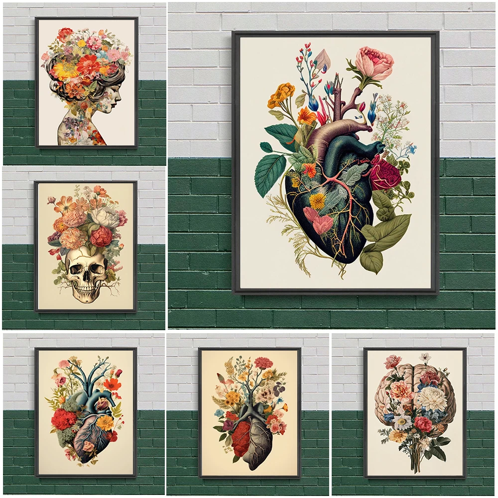 Colorful Flower Botanical Heart Poster Vintage Anatomy Human Skull Medicine Canvas Painting Wall Art Dissecting Room Home Dec
