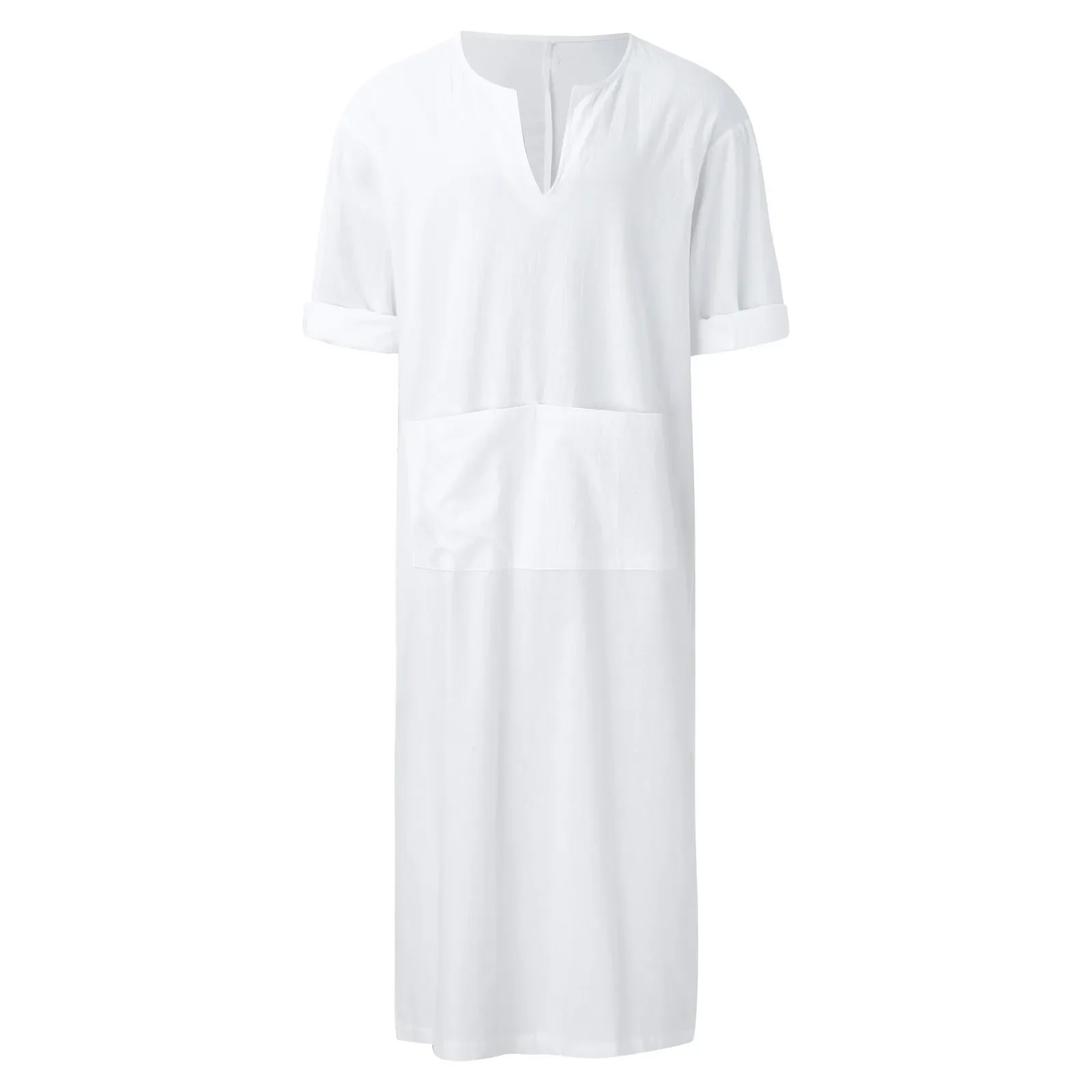 Robe de Style Musulman pour Homme, Simple, Solide, Assressentiavec Tout, Petit Col en V, Lin Jubba, Thobe Confortable à Manches Courtes, Nouvelle Collection