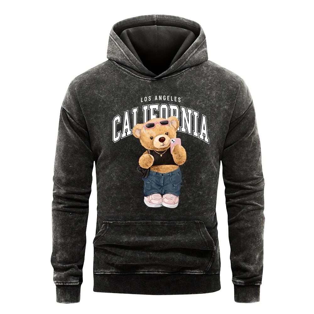 Los Angeles California Street Bear Print Men Washed Hoody Casual Cotton Hoodie Fashion Multicolor Pullover Oversize Hoodies