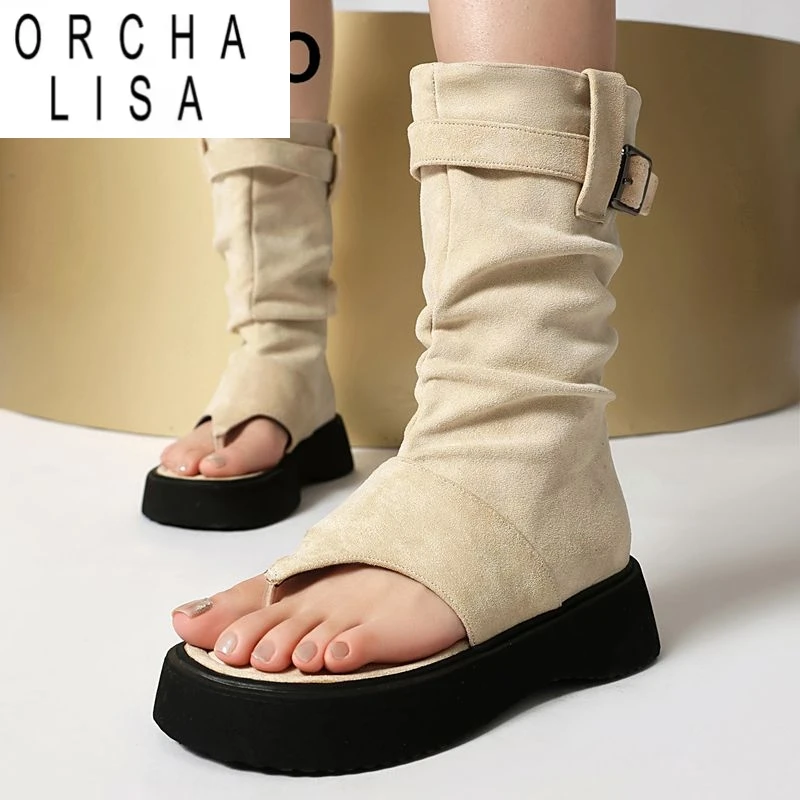 

ORCHA LISA Модные женские замшевые сандалии из флока с застежкой на носок, толстый каблук 4,5 см, платформа, пряжка ремня, большой размер 43, 44, 45, обувь для свиданий