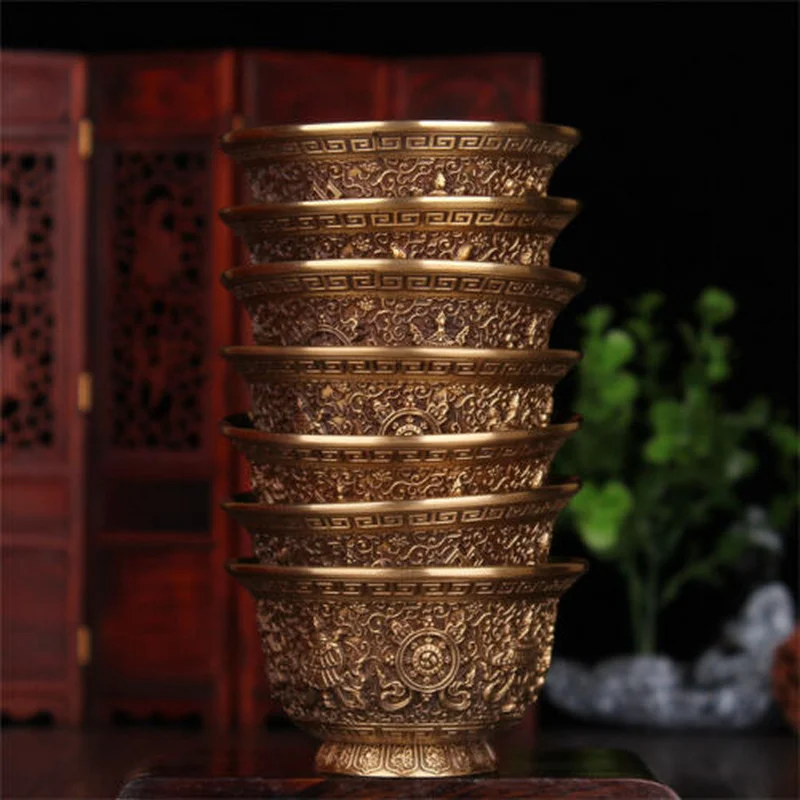 7 pcs Tibet Buddhist Mikky Copper Offering Water Bowl Cup Divine Focus Ritual