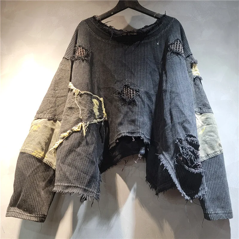 WTHT 패션 신상 여성용 불규칙 패치워크 홀 루즈 스웨터 2025 가을 트렌디 O넥 긴팔 풀오버 여성용 1LS2564