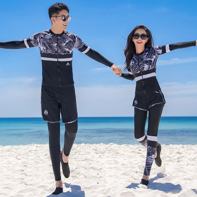 Long Sleeve Rash Guard Women Print 5 Pieces Swimsuit Zipper Swimwear Bathing Suits Surfing Pad Long Pant Couples Men 3 Pieces