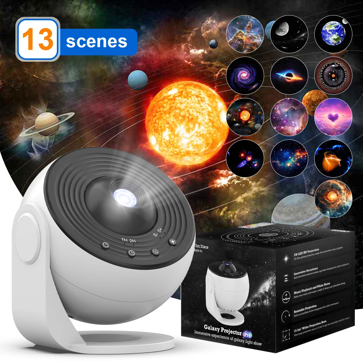 Proyector Galaxy HD PRO mejorado, función de temporizador, longitud focal ajustable, planetario 13 en 1, luz nocturna para dormitorio, regalo