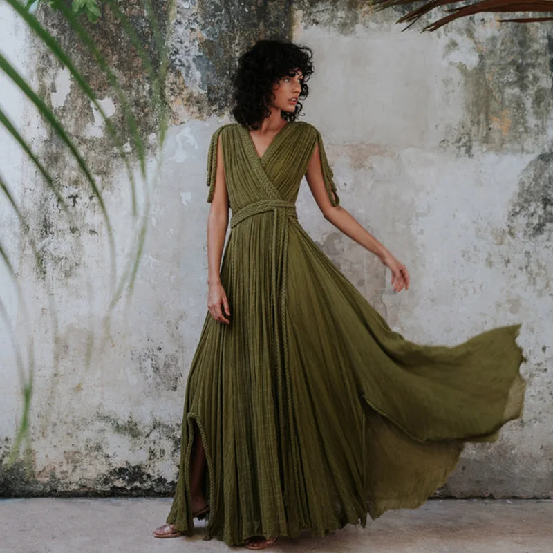 

Green Bohemia Beach Dress Women Elegant Sexy V-Neck Backless Loose Maxi Dress Summer Fashion Lace-up Holidays Party Dress 2024