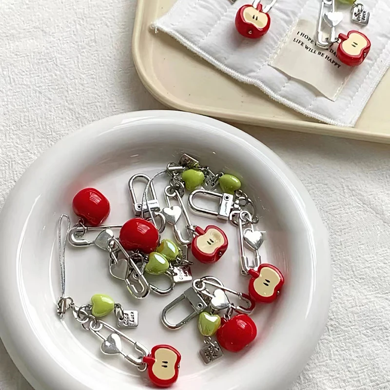 Fashion Fruit Phone Chain Keychain Sweet Red Apple Keyring Heart Jewelry Boho Women Backpack Pendant DIY Good Luck Accessories