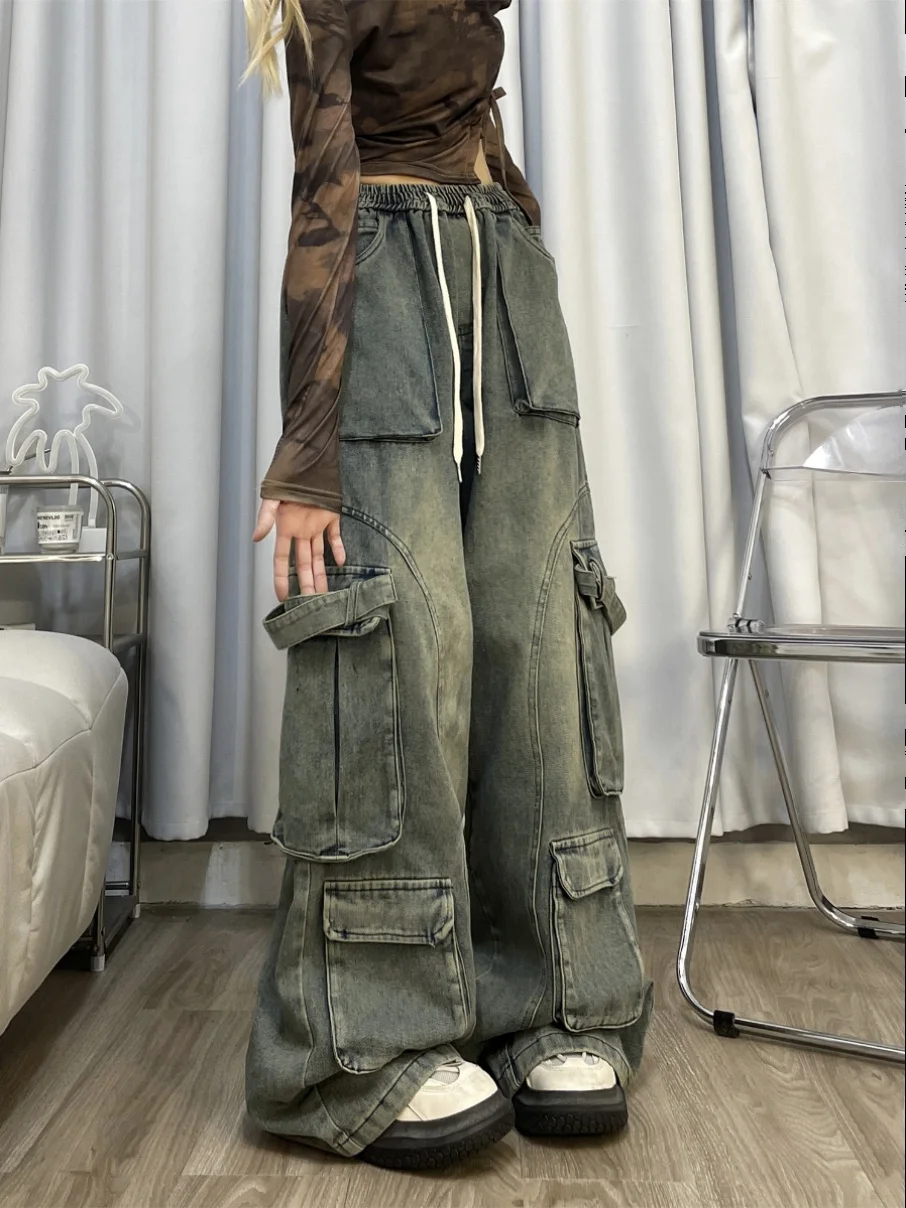 Pantalones Cargo de mezclilla Retro para mujer, pantalones holgados de pierna ancha con cordón multibolsillo, ropa de calle Vintage Y2k, pantalones vaqueros femeninos