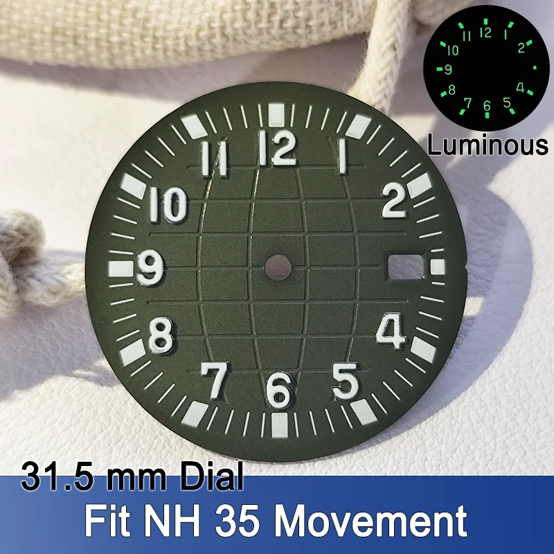 Циферблат 31,5 мм подходит для NH35 Grenad Style, циферблаты для часов, стрелки C3, зеленые светящиеся часы, наручные часы, аксессуары, запасные части