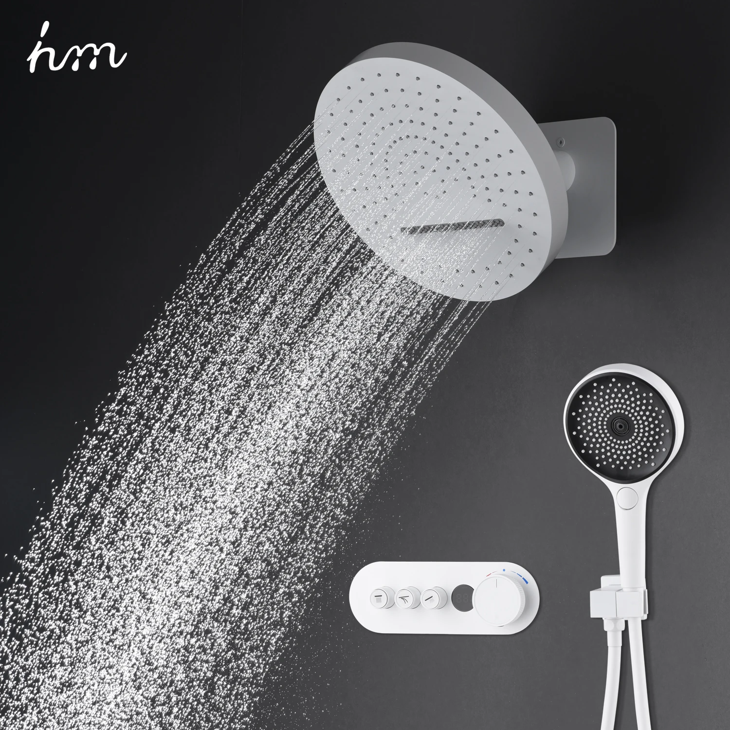 hm High Quality Wall Mounted White Shower Set Rainfall Waterfall Shower Head System With Thermostatic Digital Mixer Vlave Faucet