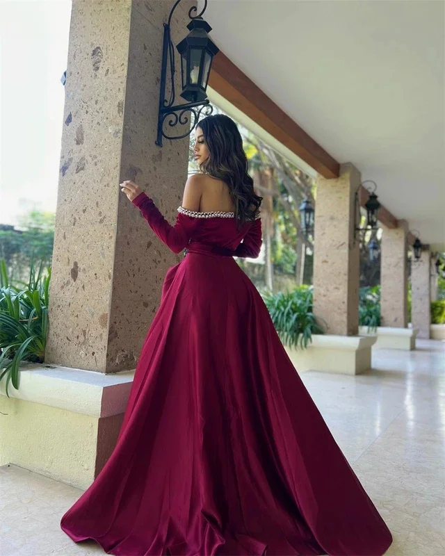 Little Daisy CustomizedElegant Burgundy Evening Dresses Saudi Off Shoulder High Slit Beading Pearl A-Line Party Dress Guest Prom