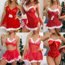 New Christmas Lingerie Women Sexy Lace Transparent Babdyoll Dress Temptation Plush Nightwear Pajamas Erotic Cosplay Costumes