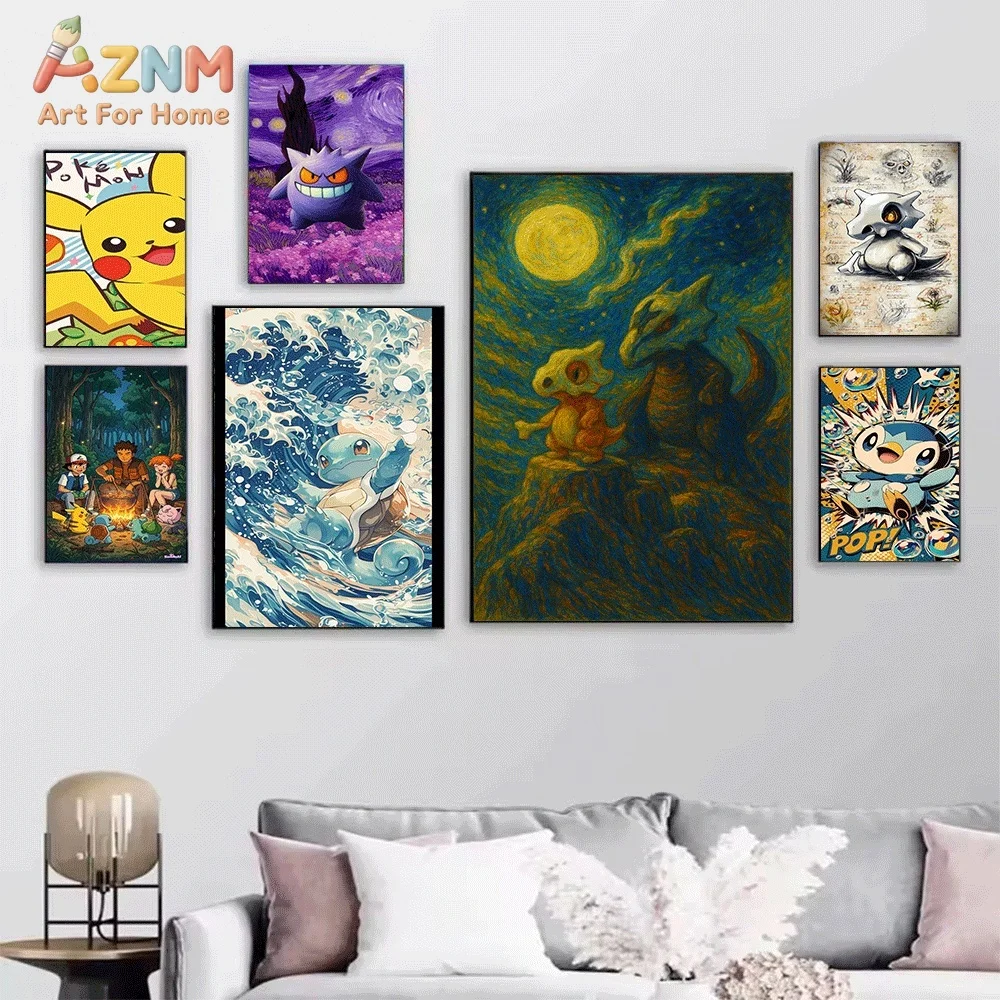 AZNM Charmander Cute Anime Creature Cheerful Fire‑Type Character Canvas Wall Print, Pokemon Cartoon Art Poster, Unframed Canva