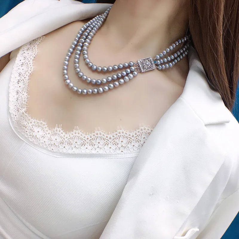 Grey three-layer Pearl Necklace Natural 8-9mm Pearl Classic Sweater Chain S925 Winter Sweater Accessories Princess Gift 080809