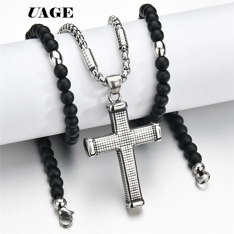 UAGE Rosary beaded Jesus CROSS Black Stone  pendant necklace for men and women