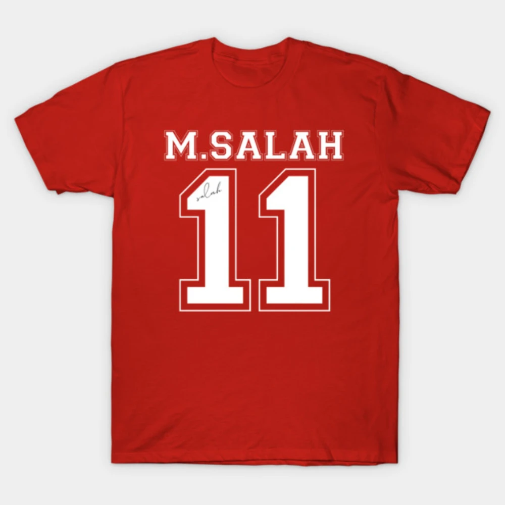 Men's Women's Red Mohamed Salah No.11 T-Shirt, Varsity Font Name Number With Signature Graphic Tee For Liverpool Football Fans