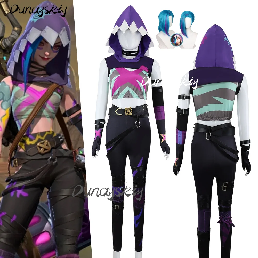 LOL League of Legends 2 Arcane Jinx Cosplay Costume Set Hood Wig Dress Up Event Party Games Hero Costumized Outfit for Women