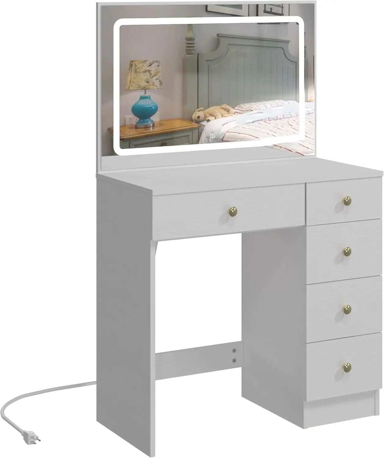 Makeup Vanity With Large Lighted Mirror, Vanity Desk With 5 Drawers Vanity Set With Power Outlet 3 Color Lighting Modes