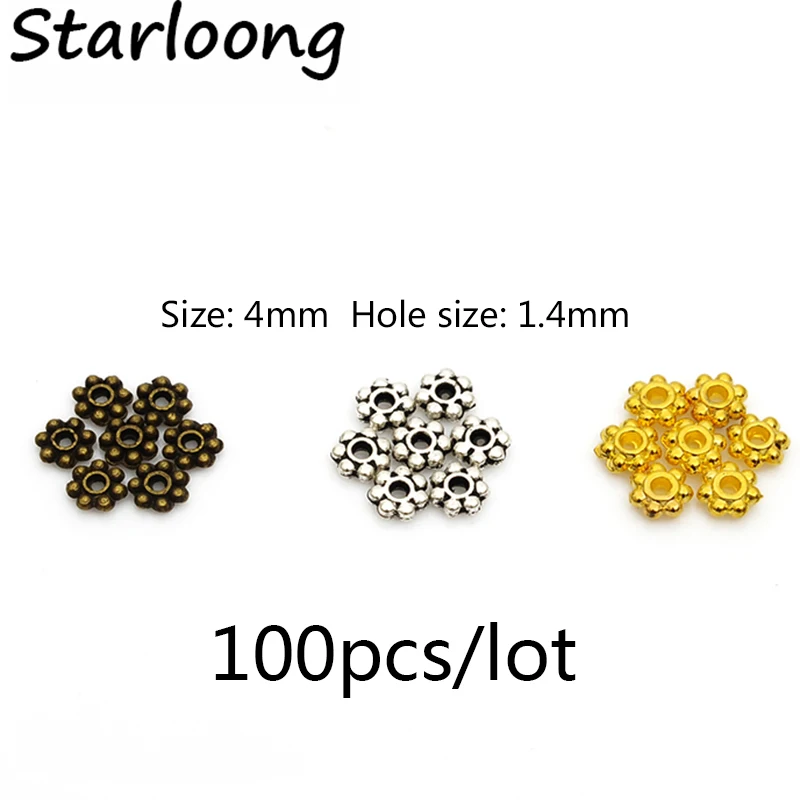 

100pcs/lot 4mm Spacers Snowflake Flower Metal Gold-color Tibetan Antique Silver Antique Bronze Spacer Beads for Jewelry Making