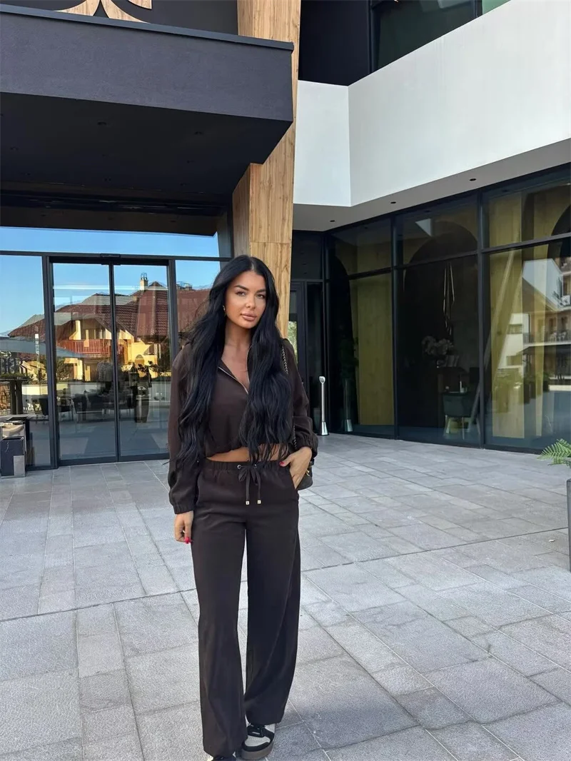 Guobioziy Women's Tracksuit Set 2026 Autumn New Zip‑Up Hooded Drawstring Crop Jacket Wide Leg Pant Trendy Two Piece Outfit
