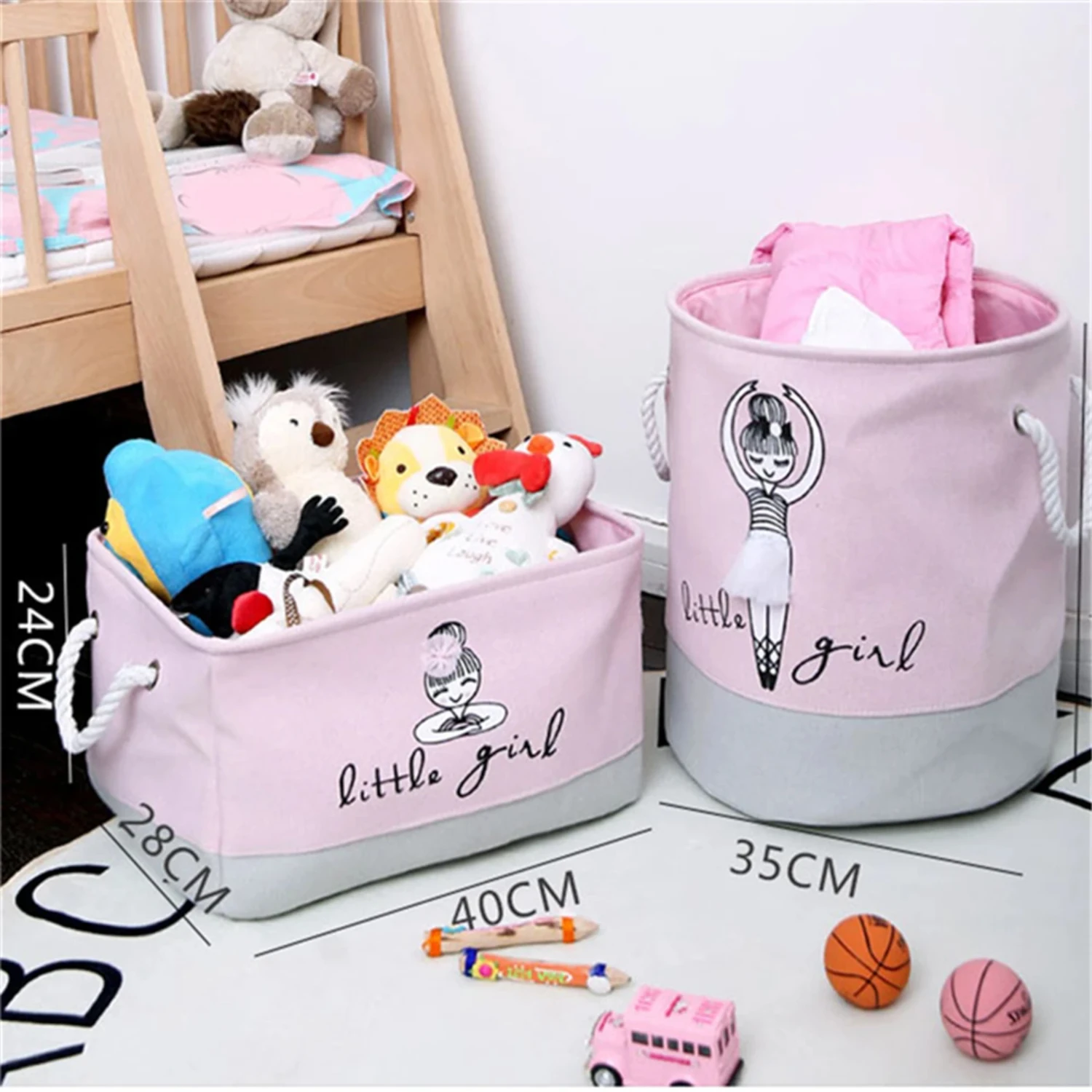 Kids Laundry Basket Organizer Cotton Linen Ballet Girl Bow Print Toys Storage Basket Home Organization For Dirty Clothes